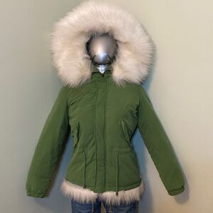 Women’s Green Faux-Fur Trim Hooded Winter Jacket